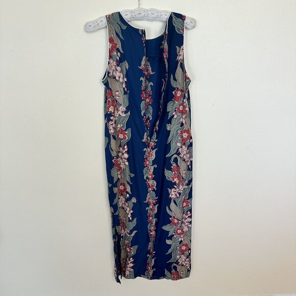 Vintage Iolani Hawaiian Womens Maxi Dress Medium Blue Floral Earth Tone Rayon - Picture 4 of 9